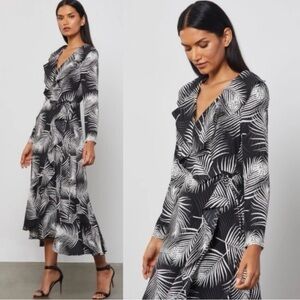 BCBGMAXAZRIA BCBG FEATHER PRINT WRAP DRESS BLACK-LAYERED PALM Size XS